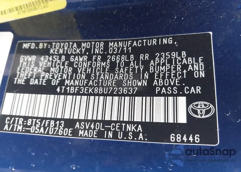 2011 Toyota Camry Le из США, поврежденный, VIN 4T1BF3EK8BU723637